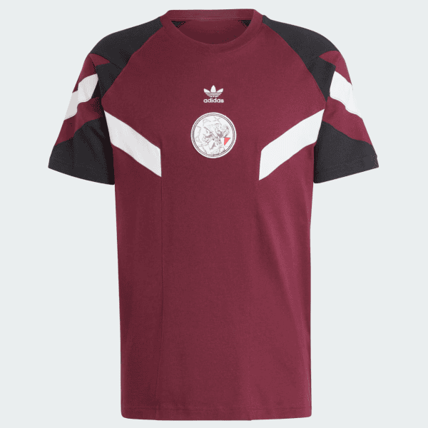 Maroon Adidas short-sleeve T-shirt with black shoulders and white chevron panels, featuring a round emblem on the chest.