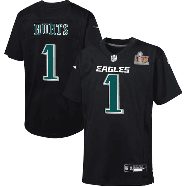 Black Philadelphia Eagles NFL jersey, front shows number 1 and team logo; back displays 'HURTS' with number 1 as a replica jersey.