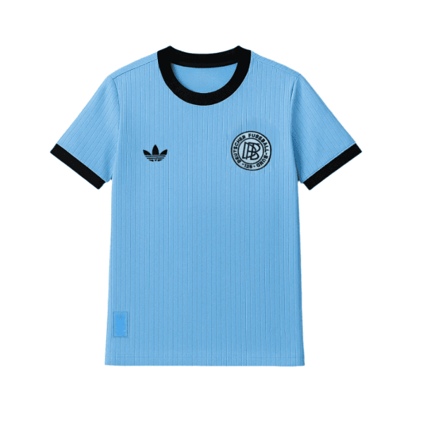 Screenshot_2025-05-10_001258 | AE JERSEY Light blue pinstripe soccer jersey with black collar and cuffs, featuring the Adidas trefoil logo and a circular team crest on the chest.
