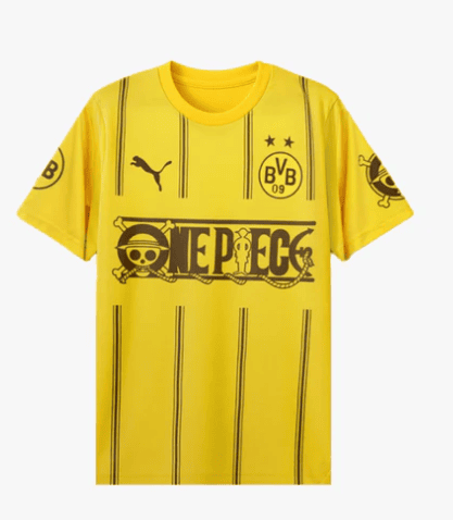 Yellow Borussia Dortmund football jersey with vertical black stripes, featuring a One Piece banner and pirate skull graphic, BVB crest, and PUMA logo.