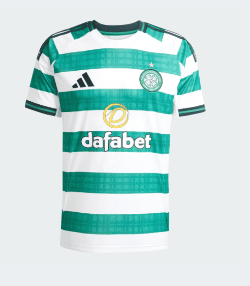 Celtic FC green-and-white striped jersey with sponsor Dafabet, Adidas logo, and club crest on the chest.