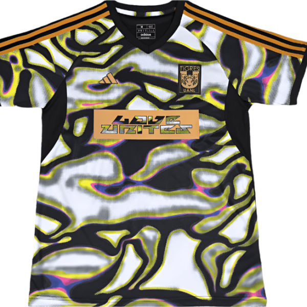 Bright Tigres UANL football jersey with Adidas stripes and abstract camo pattern, crest on left chest.