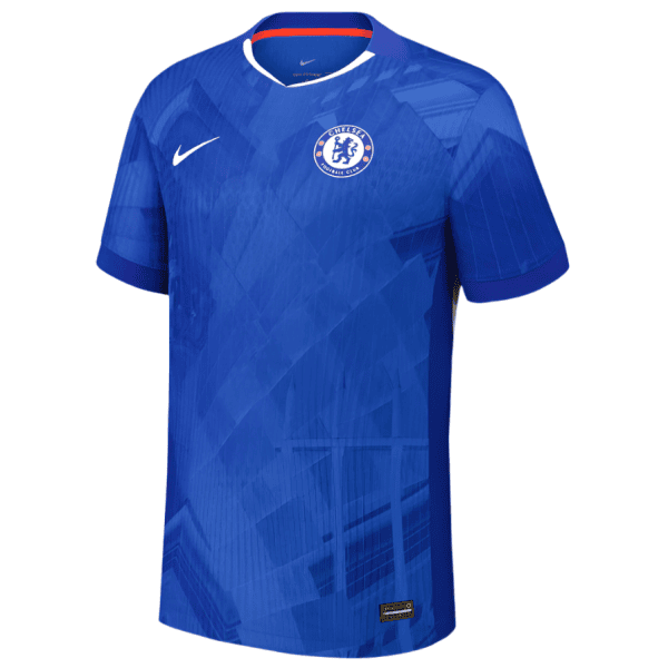 Chelsea FC blue home jersey with white Nike swoosh and club crest on the chest, featuring a geometric pattern and white collar trim.