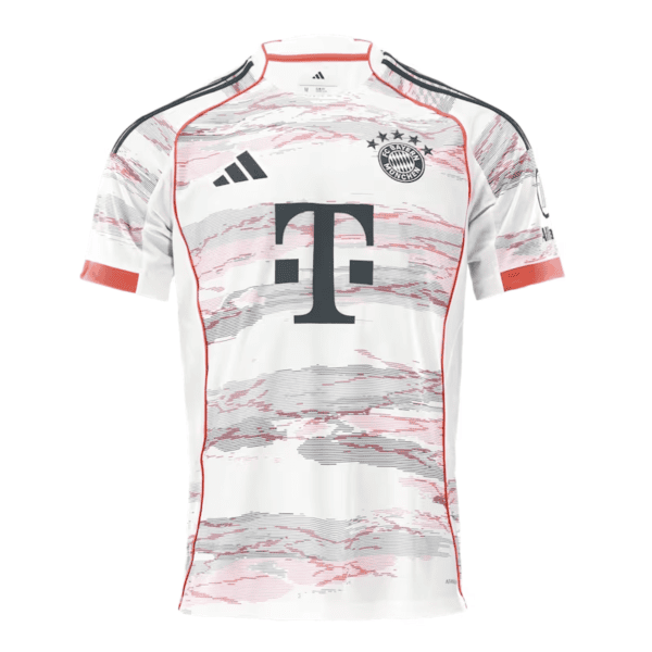 White FC Bayern Munich football jersey with red abstract pattern, large T-Mobile sponsor logo, Adidas logo, and club crest on the chest.