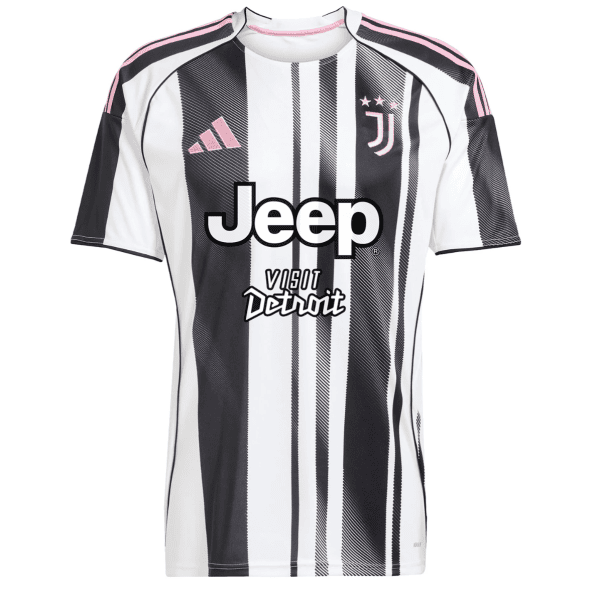 Juventus football jersey front with black-and-white stripes, pink accents, and sponsor logos (Jeep, Vision Detroit).