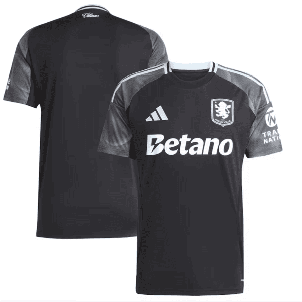 Black Aston Villa football jersey with light blue trim, front shows Betano sponsor and club crest; back view plain black.