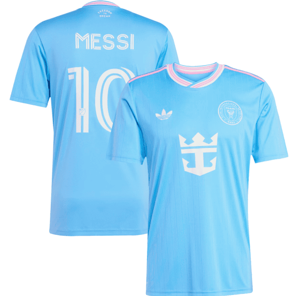 Front and back view of a light blue soccer jersey set: front shows Adidas logo and club crest; back shows 'MESSI' and number 10, with pink trim neckline on the collar.