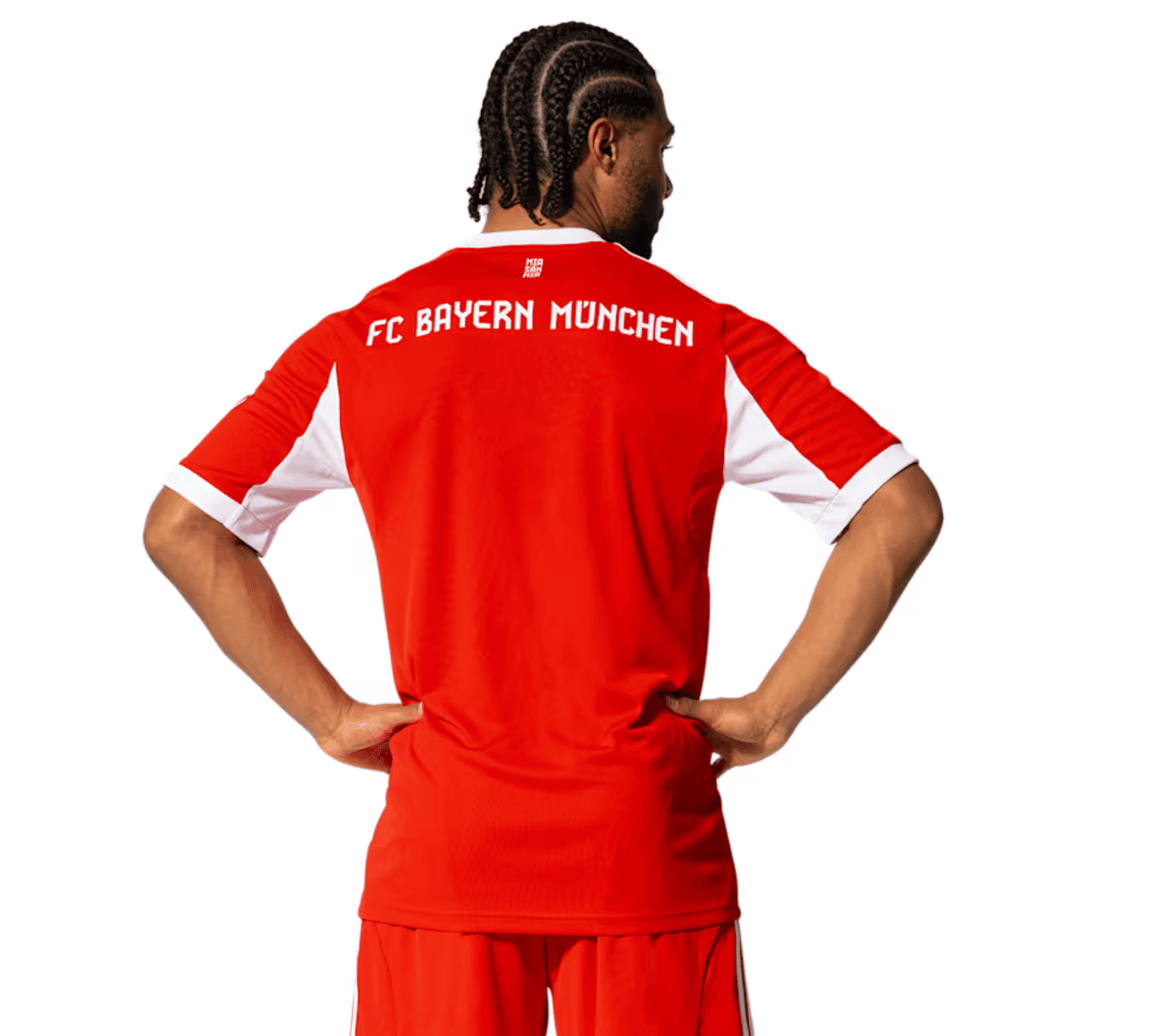 Screenshot_2025-06-23_191520 | AE JERSEY Back view of a person wearing a red FC Bayern Munich jersey with white sleeves, hands on hips.