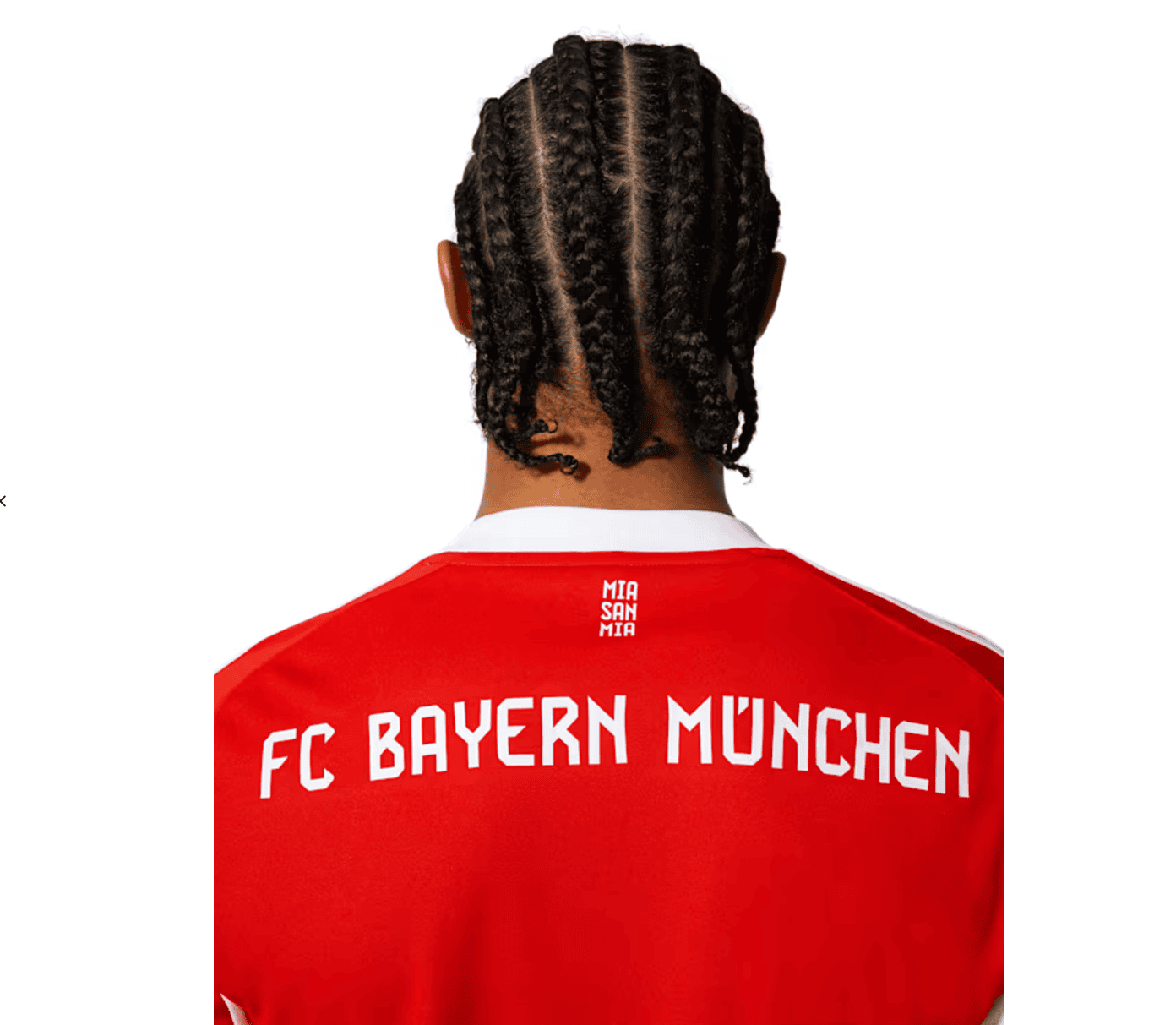 Screenshot_2025-06-23_191532 | AE JERSEY Back view of a person with braided hair wearing a red FC Bayern München jersey; small MIA SAN MIA text at the collar.