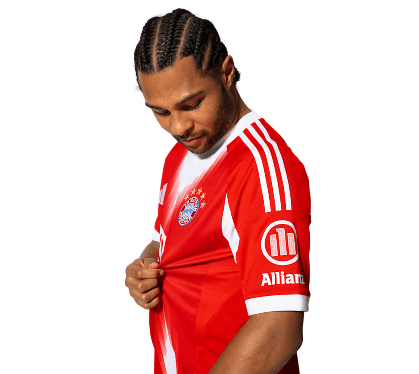 Screenshot_2025-06-23_191539 | AE JERSEY Man with braided hair wearing a Bayern Munich red football jersey, looking down and pulling at his shirt.