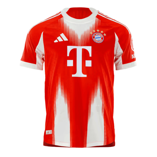 Red FC Bayern Munich home soccer jersey with white sponsor logo (T-Mobile), Adidas stripes, and club crest on chest.