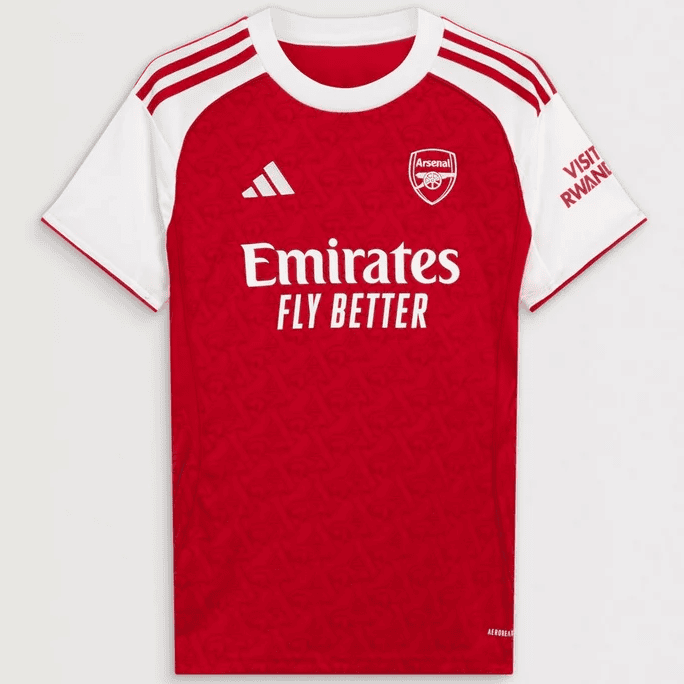 Screenshot_2025-06-25_051410 | AE JERSEY Arsenal home football jersey: red body with white sleeves, Adidas logo and Arsenal crest, Emirates Fly Better sponsor across the front.