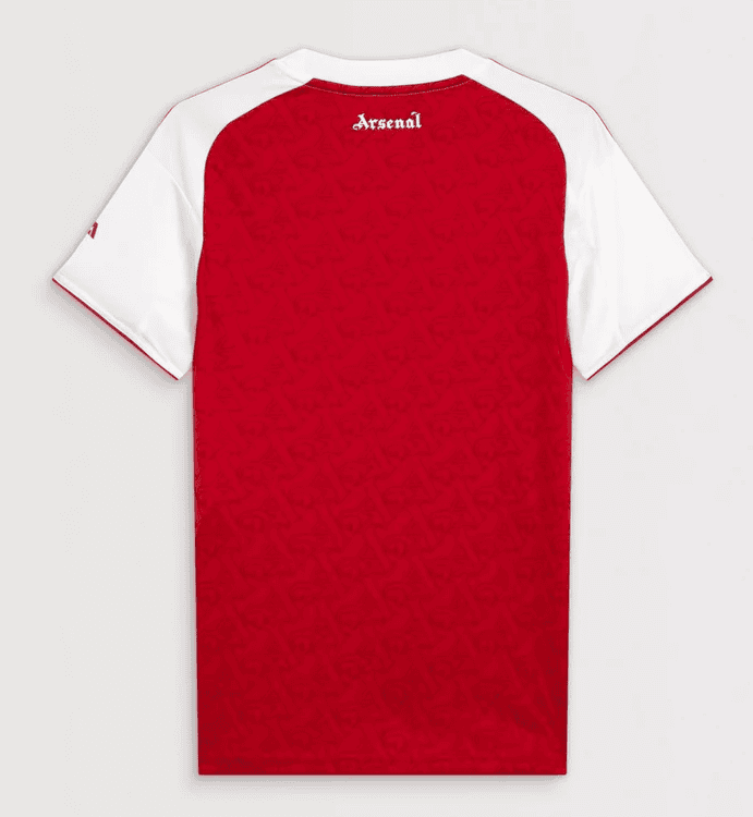 Screenshot_2025-06-25_051428 | AE JERSEY Back view of red Arsenal football shirt with white sleeves and 'Arsenal' text near the collar.