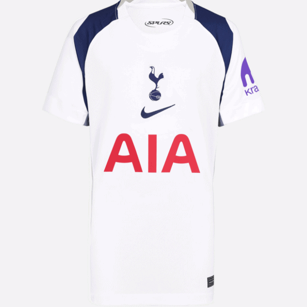Front view of a white Tottenham Hotspur football jersey with navy shoulder accents, red AIA sponsor logo, and Nike swoosh.