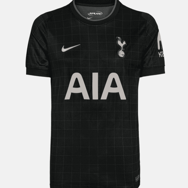 Black Tottenham Hotspur football jersey with a subtle grid pattern, white Nike swoosh, club crest, and large AIA sponsor across the chest.