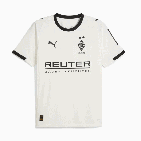 Front view of a white Borussia Mönchengladbach football jersey with black collar and cuffs, featuring the club crest, Puma logo, and Reuter Bäderleuchten sponsor on the chest area.