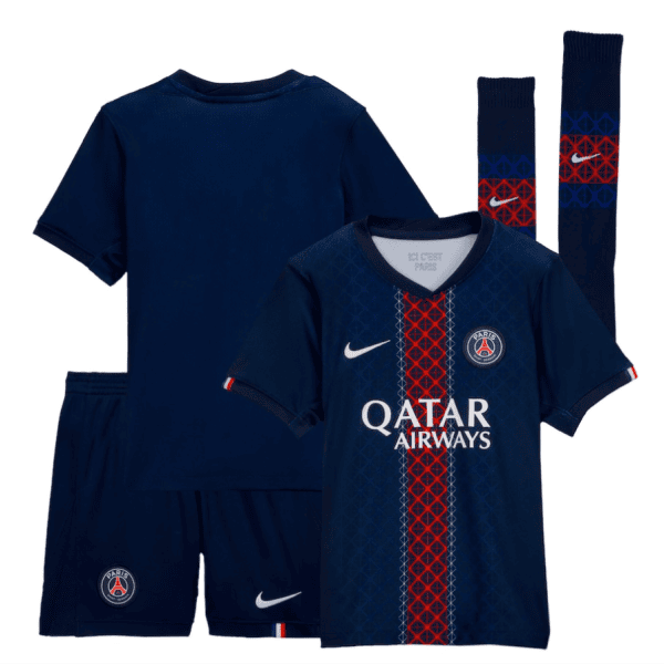 PSG navy blue home football kit with red vertical stripe, sponsor Qatar Airways, Nike swoosh, crest, plus matching shorts and socks.