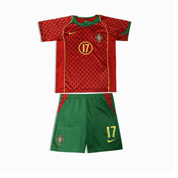 Portugal national team red patterned jersey with green collar and yellow trim, crest and number 17, paired with green shorts with 17 and Nike swoosh.