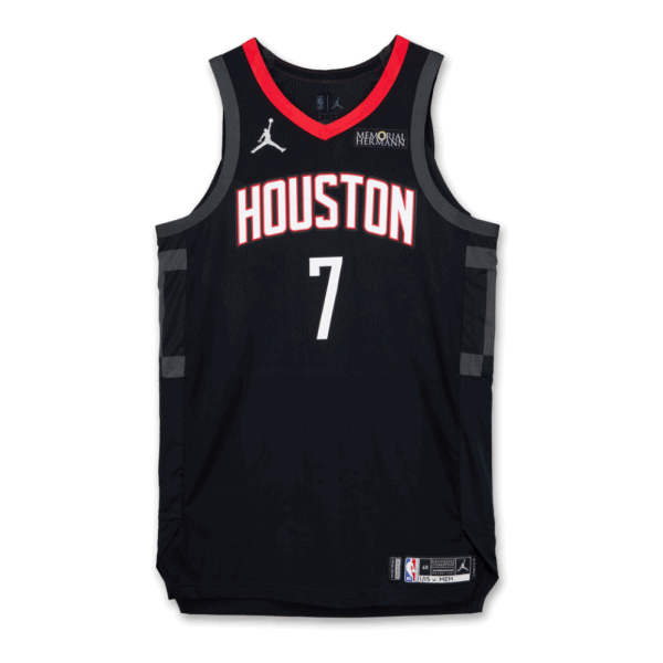 Black Houston Rockets basketball jersey with red-trimmed neckline and the number 7