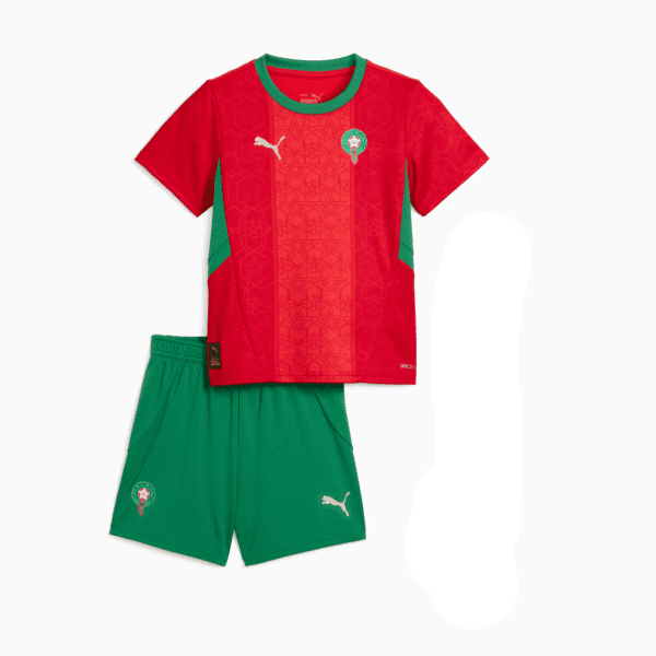 Red soccer jersey with green collar and side panels paired with green shorts; features a crest on the chest and Puma logos.