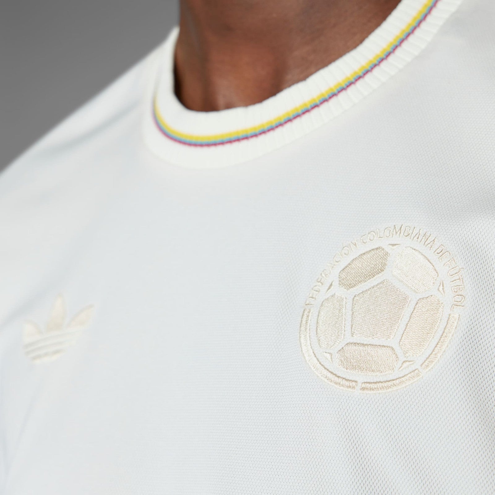 UWBw7OhIzpnACSD | AE JERSEY Close-up of a white sports jersey collar with rainbow trim and an embossed crest on the chest, with an Adidas logo nearby.