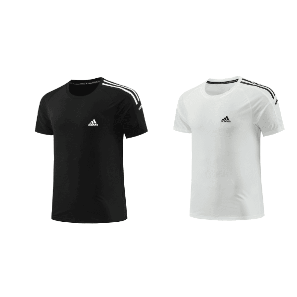 Two Adidas short-sleeve t-shirts, black and white, with three stripes on the shoulders and small Adidas logo on the chest.