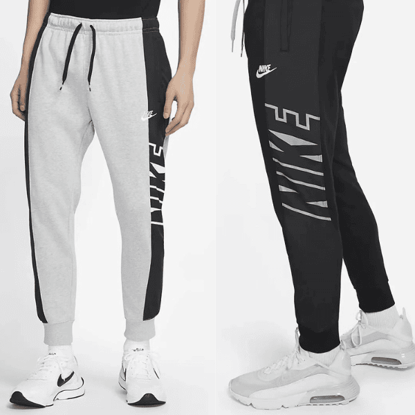 Two Nike joggers shown on models: gray pair with black side panel and vertical 'NIKE' text, and black pair with gray graphic and swoosh.