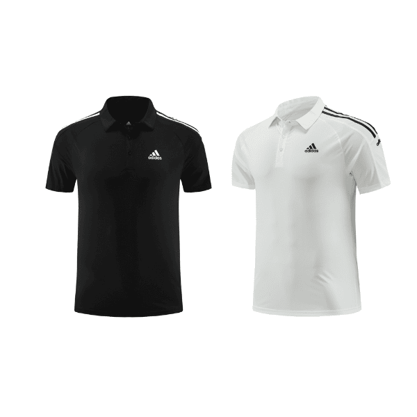 Two Adidas polo shirts on display: one black and one white, each with contrast three-stripe accents on the shoulders and a small Adidas logo on the chest (front view).