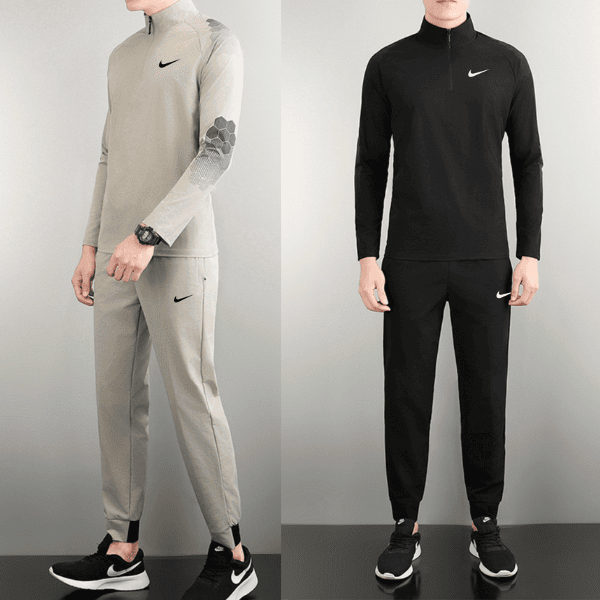 Two models wearing Nike tracksuits: beige-gray set on the left with a hexagonal sleeve pattern and logo, and a black set on the right with a white swoosh.