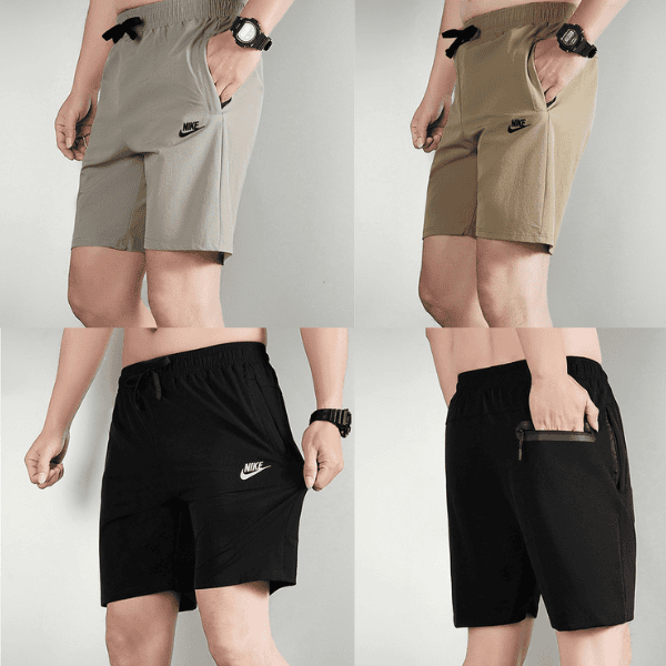 Collage of four Nike men's athletic shorts in gray, taupe, and black; front views show drawstrings and side pockets, back view shows a zip pocket on the right.