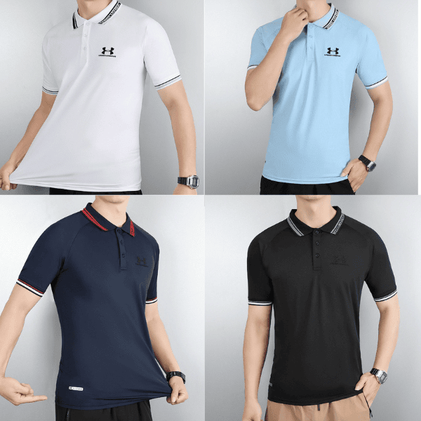 Set of four men's polo shirts in white, light blue, navy, and black displayed on models, each with a small logo on the chest.