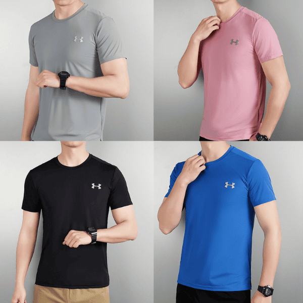collage of four men's athletic short-sleeve shirts in gray, pink, black, and blue, each with a small Under Armour logo on the chest