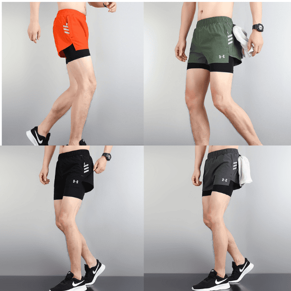 Collage showing four color variants of men's athletic running shorts over compression shorts: orange, green, black, and gray.