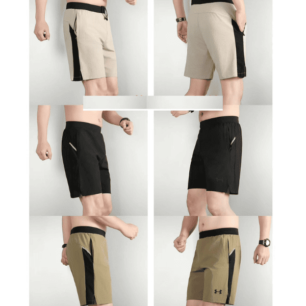 Collage of men's athletic shorts in beige, black, and olive with black side panels; shows front, side, and back views.