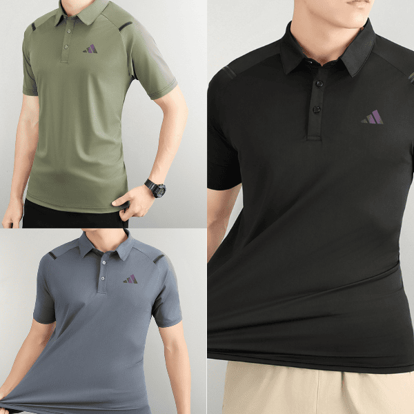 Untitled_design_-_2024-10-08T194945.566 | AE JERSEY Collage of men's polo shirts in olive green, blue-gray, and black, each with a small left-chest logo.