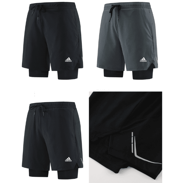 Set of three Adidas athletic shorts in navy, gray, and charcoal, each with black compression liners visible underneath; features Adidas logo on the left leg.