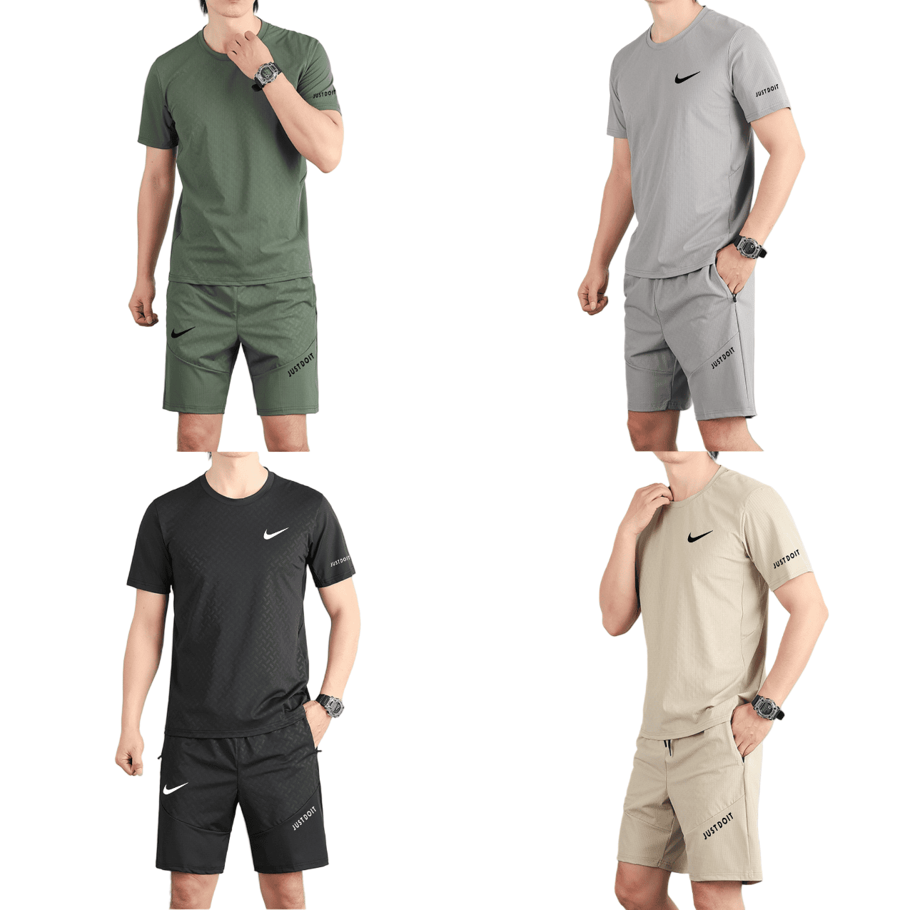 Untitled_design_12 | AE JERSEY Four men's athletic outfits in green, gray, black, and beige with Nike swoosh and 'JUST DO IT' branding.