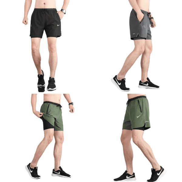 Front view of a man wearing black Nike athletic shorts with a small swoosh logo on the leg.