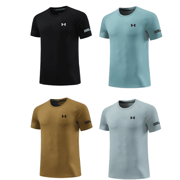Four Under Armour short-sleeve athletic shirts in black, teal, mustard, and light gray, each with the UA logo on the chest.