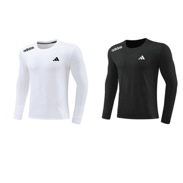 Untitled_design_2 | AE JERSEY Two Adidas long-sleeve athletic shirts, white and black, with small Adidas logo on the chest.