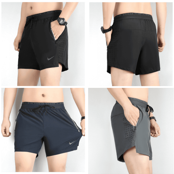 Front and back views of black Nike running shorts, showing zip pocket, drawstring waistband, and perforated side panels for ventilation.