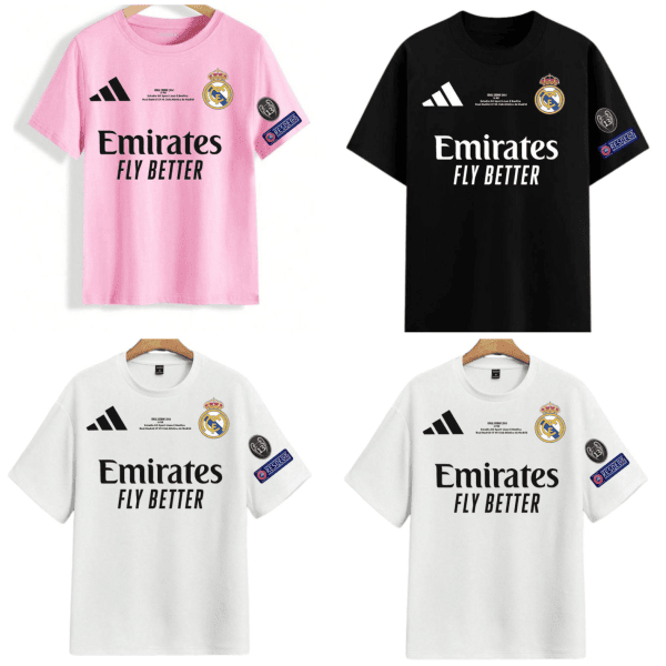 Coloured t-shirt collage showing Real Madrid jerseys: pink, black and white shirts with Adidas logo, club crest, and Emirates Fly Better sponsor patches and Respect badge, worn on hangers and mannequins.