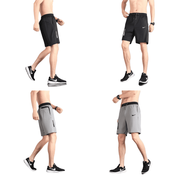 Four product images of men's Nike athletic shorts—black shorts on the top row and gray shorts on the bottom row—shown from side and front while walking.