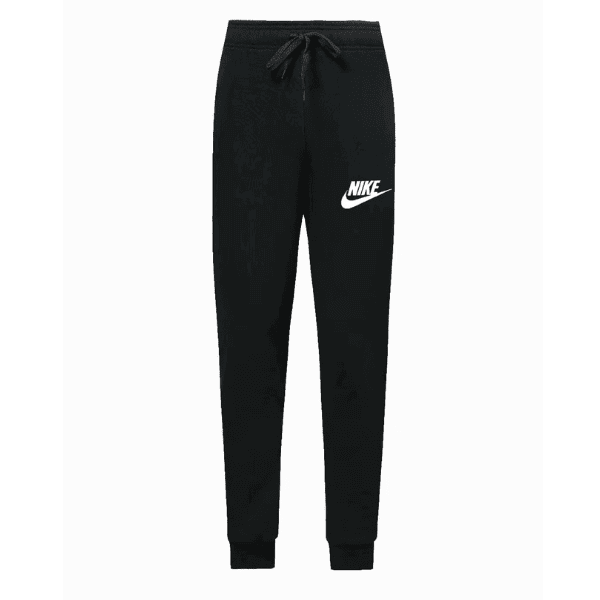 Black Nike jogger pants with drawstring waist and white swoosh logo on the left thigh.