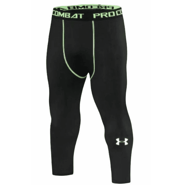 Black full-length compression tights with neon green waistband and stitching; Under Armour logo on one leg.