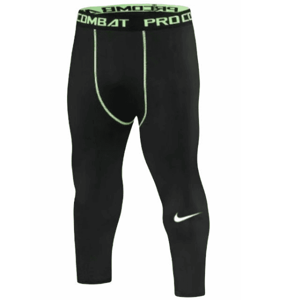 Black men's compression tights with neon green waistband and stitched seams, Nike swoosh on lower leg.
