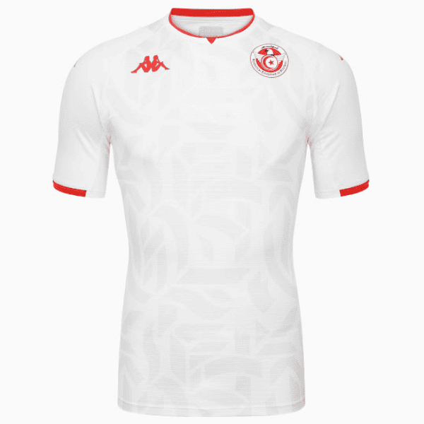 White Tunisia national football team jersey with red trim and collar, featuring a red Kappa logo on the right chest and the round team crest on the left chest.