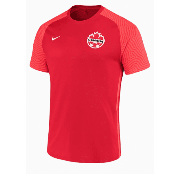 Red Canada national soccer team jersey with white crest on the left chest and a white Nike swoosh on the right.