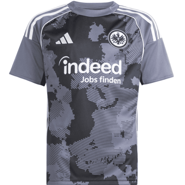 Front view of a dark blue-gray soccer jersey with geometric pattern, sponsor 'indeed Jobs finden', and club crest on the chest.