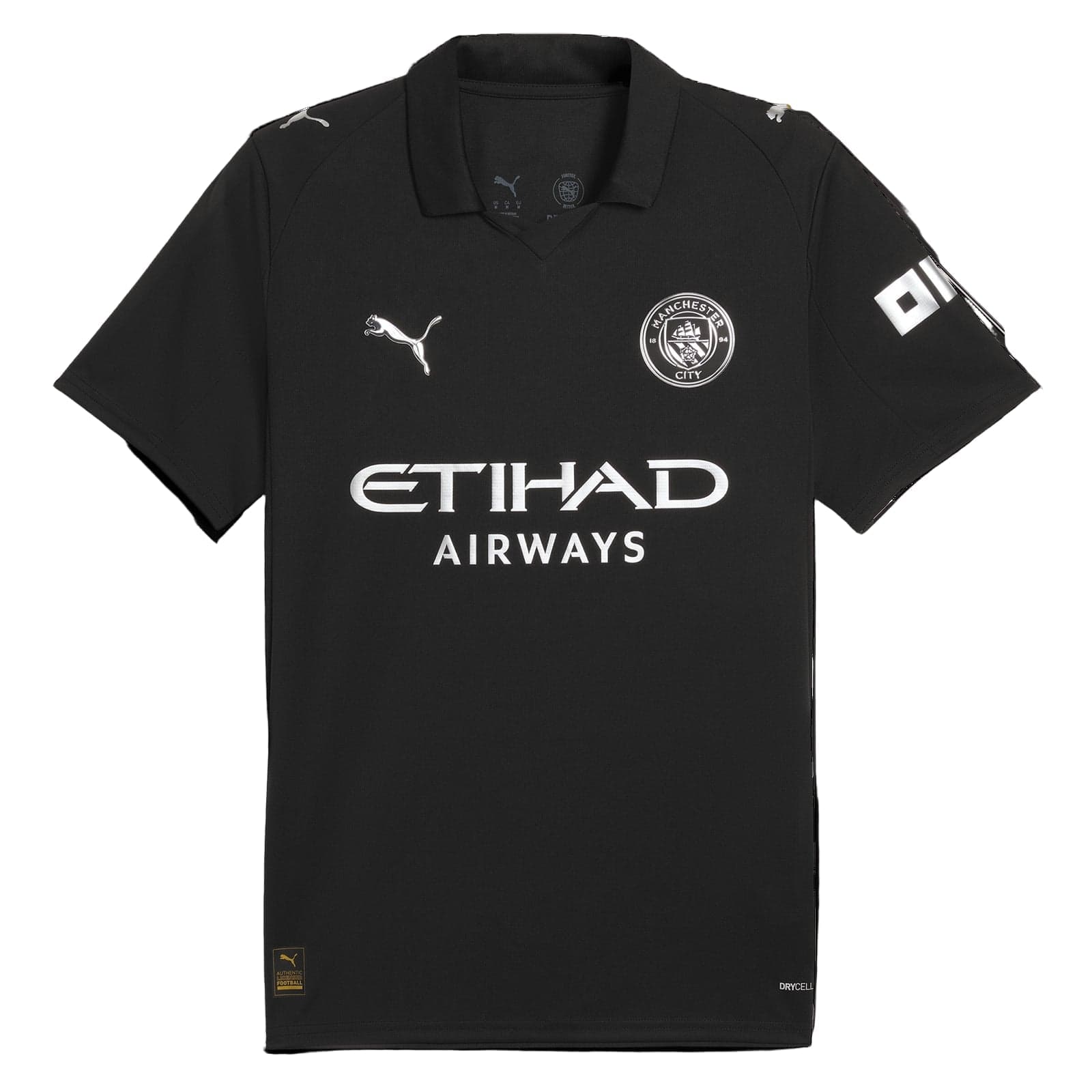 V1 | AE JERSEY Black Manchester City football jersey with white sponsor logo reading 'ETIHAD AIRWAYS' and club crest on the chest area.